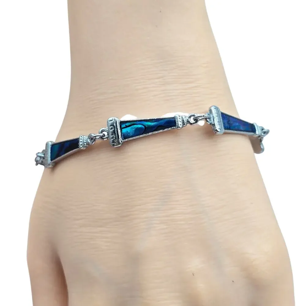 Bracelet Blue Teal Simulated Abalone Enamel Silver Tone Folding Clasp Approx 7